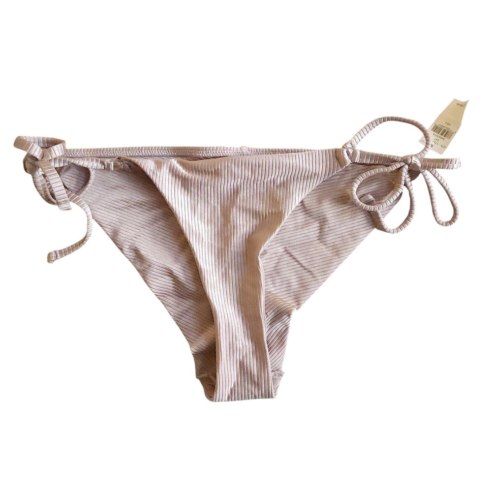 Aerie Bikini Bottoms Women L Beige Pink Ribbed SideTie Cheekier Coastal Chic NWT